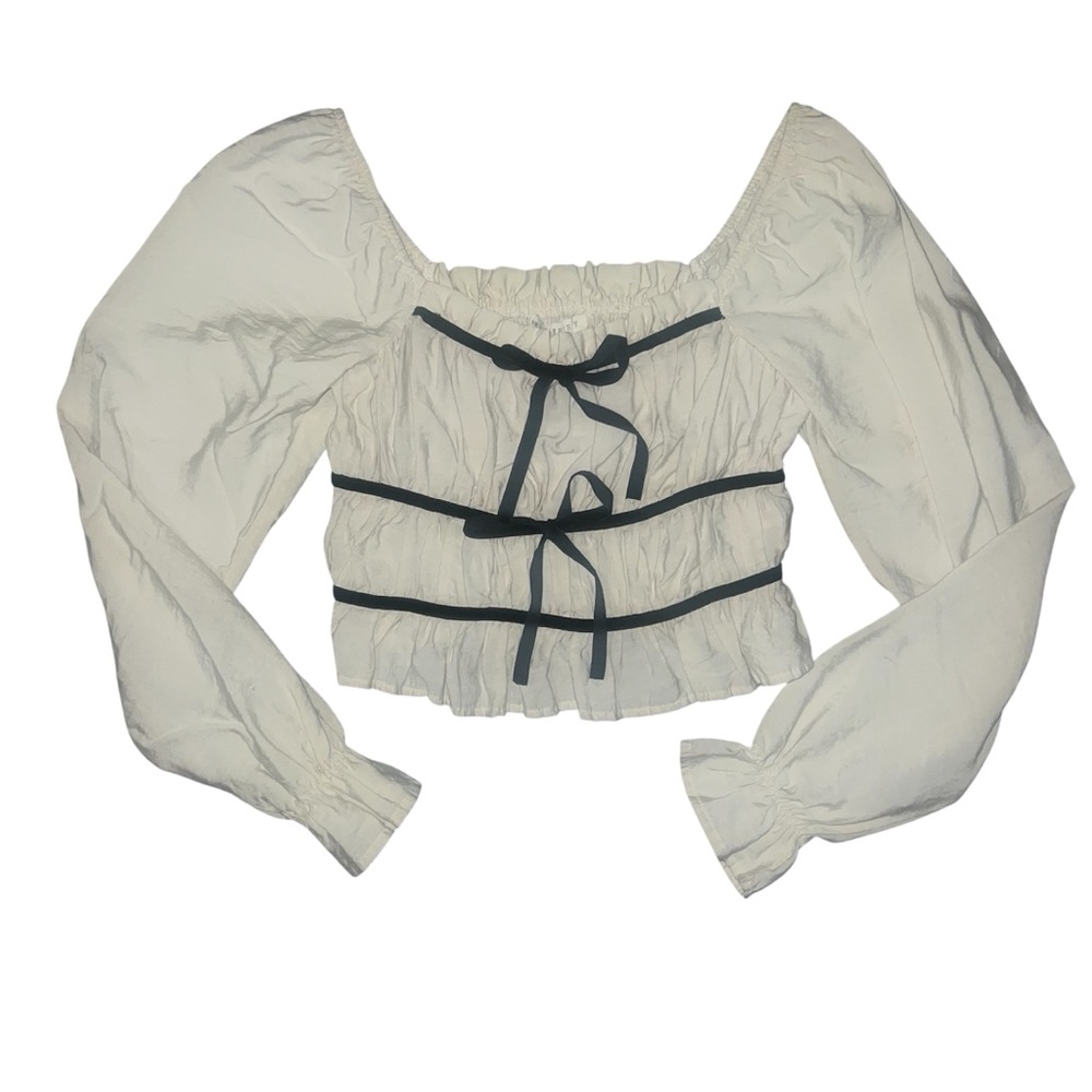 Milkmaid Cottage Bow Long Puff Sleeve Smocked Crop Top